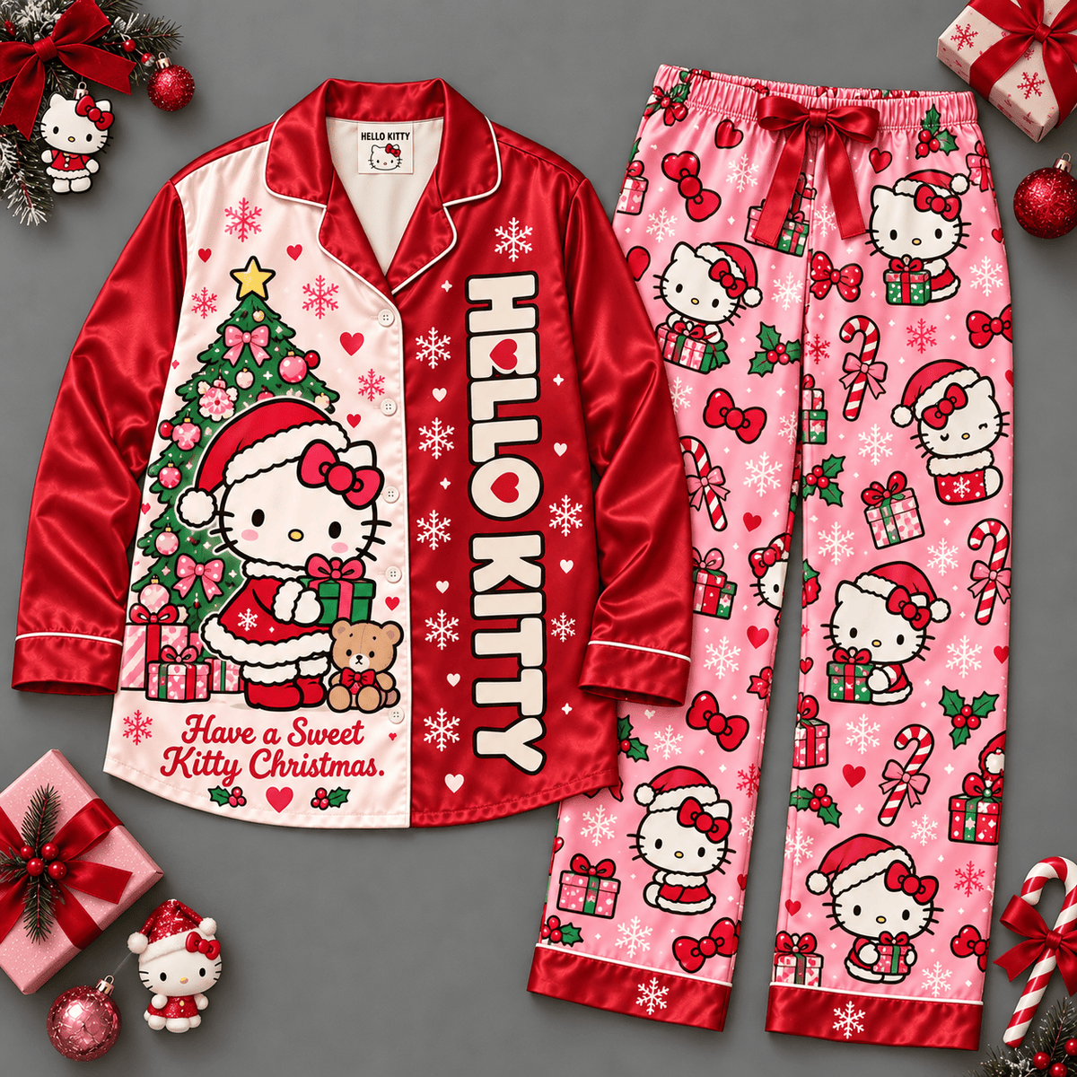 Hello Kitty Christmas Trees Red Pink Snowflake Long Sleeve Pajamas Set NDN Flat Pajamas Mockup