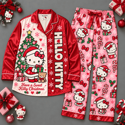 Hello Kitty Christmas Trees Red Pink Snowflake Long Sleeve Pajamas Set NDN Flat Pajamas Mockup