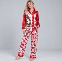 Hello Kitty Christmas Trees Red Pink Snowflake Long Sleeve Pajamas Set NDN Worn Pajamas Mockup