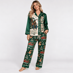 Riley Green Christmas Concert Portraits Dark Green Festive Long Sleeve Pajamas Set NDN Worn Pajamas Mockup