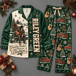 Riley Green Christmas Concert Portraits Dark Green Festive Long Sleeve Pajamas Set NDN Flat Pajamas Mockup