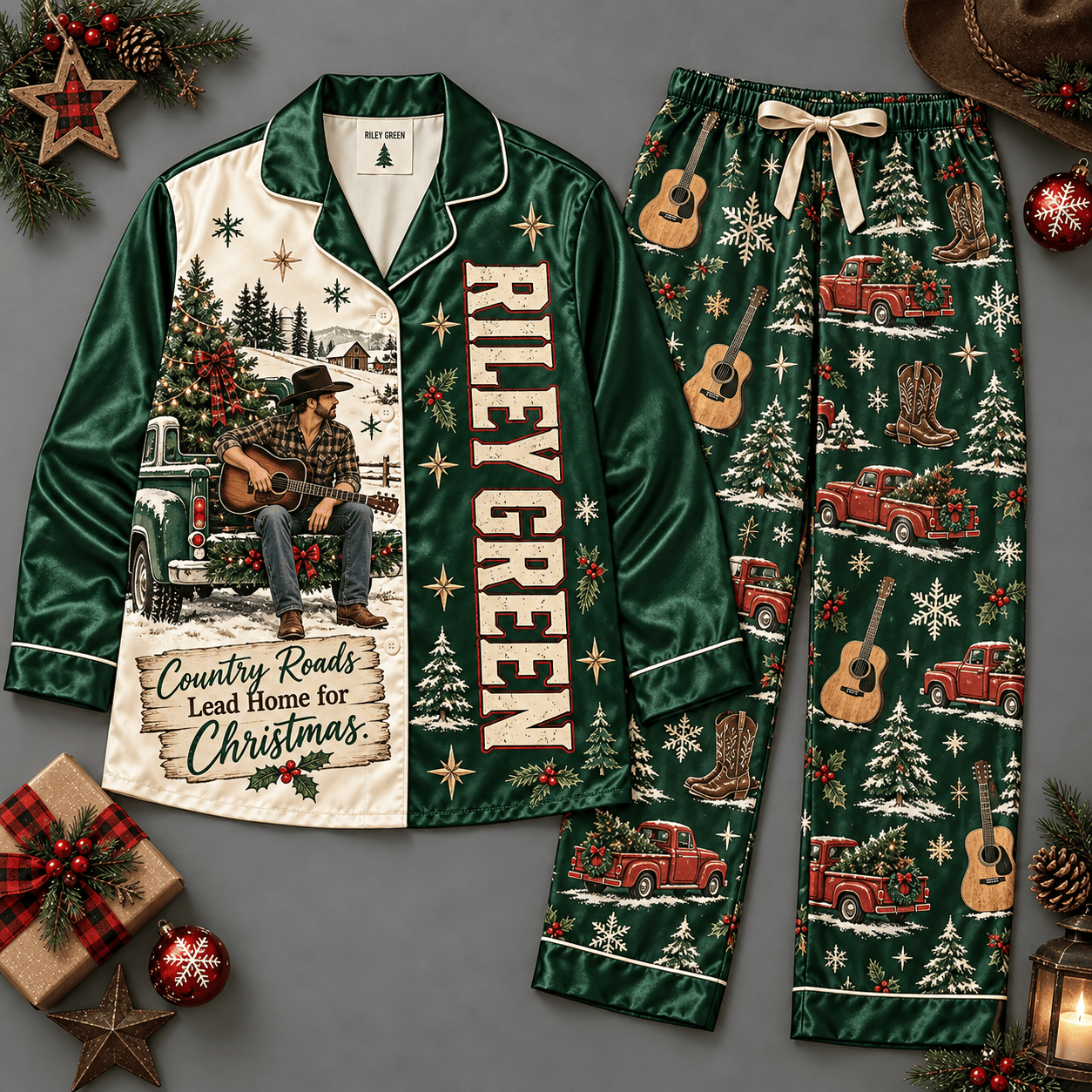 Riley Green Christmas Concert Portraits Dark Green Festive Long Sleeve Pajamas Set NDN Flat Pajamas Mockup