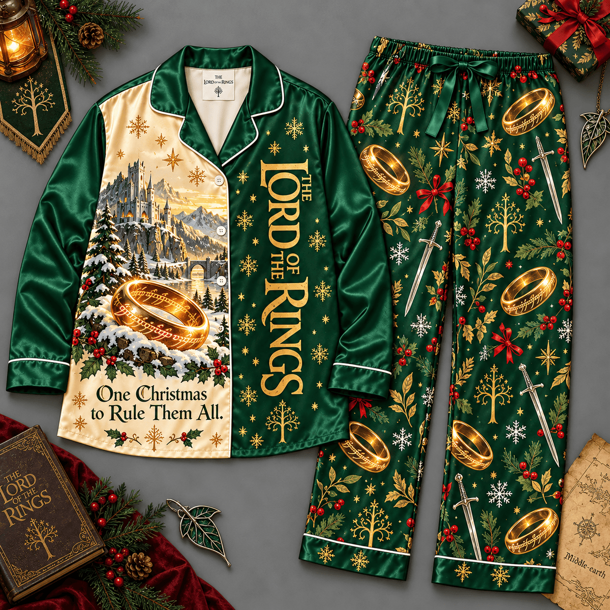 The Lord of the Rings Golden Ring Green Christmas Long Sleeve Pajamas Set NDN Flat Pajamas Mockup
