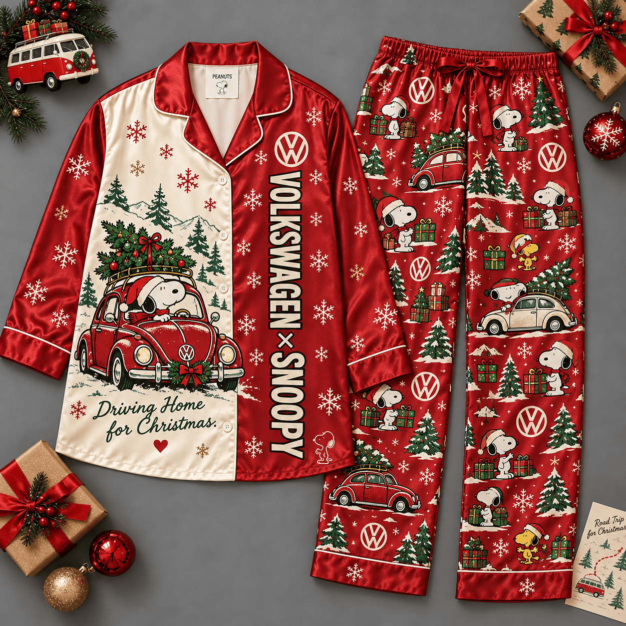 Volkswagen Snoopy Christmas Camper Vans Red Green Snowflake Long Sleeve Pajamas Set NDN Flat Pajamas Mockup