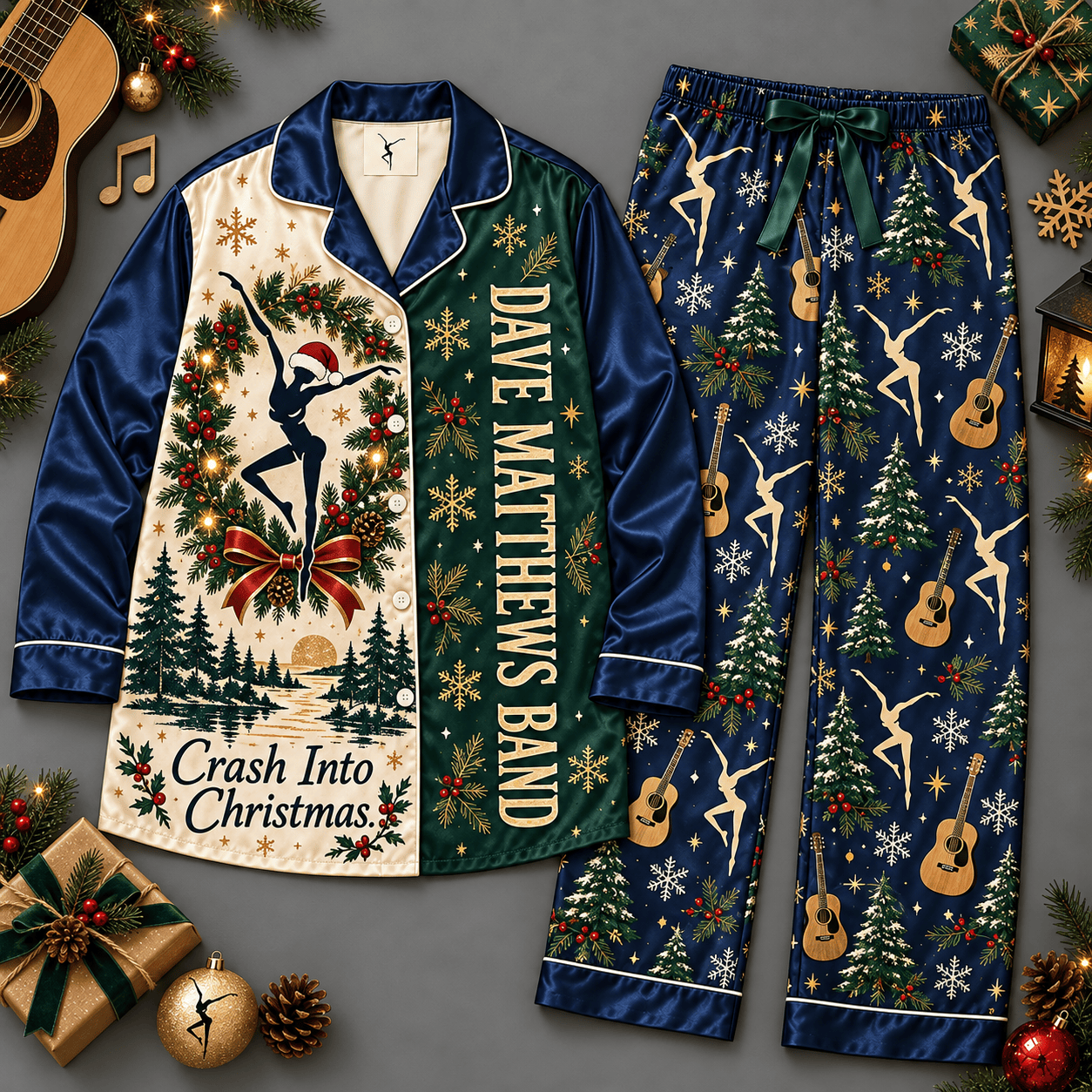 Dave Matthews Band Deer Forest Stars Navy Green Long Sleeve Pajamas Set NDN Flat Pajamas Mockup