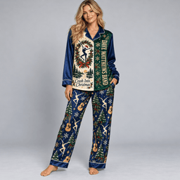 Dave Matthews Band Deer Forest Stars Navy Green Long Sleeve Pajamas Set NDN Worn Pajamas Mockup