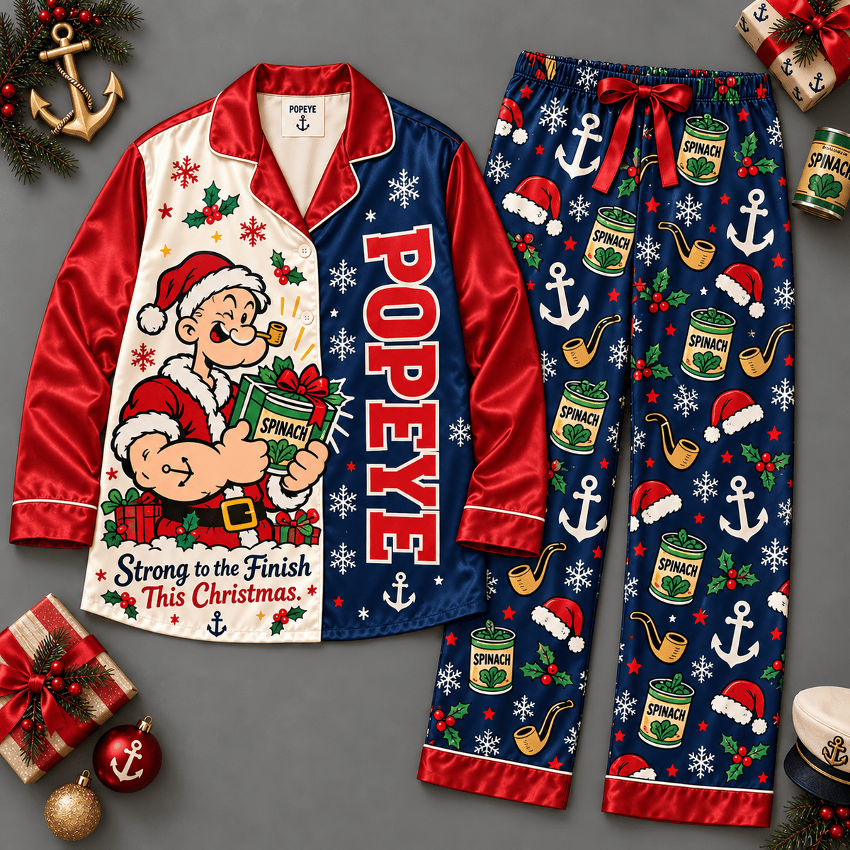 Popeye Anchor Holiday Red Navy Festive Icons Long Sleeve Pajamas Set NDN Flat Pajamas Mockup