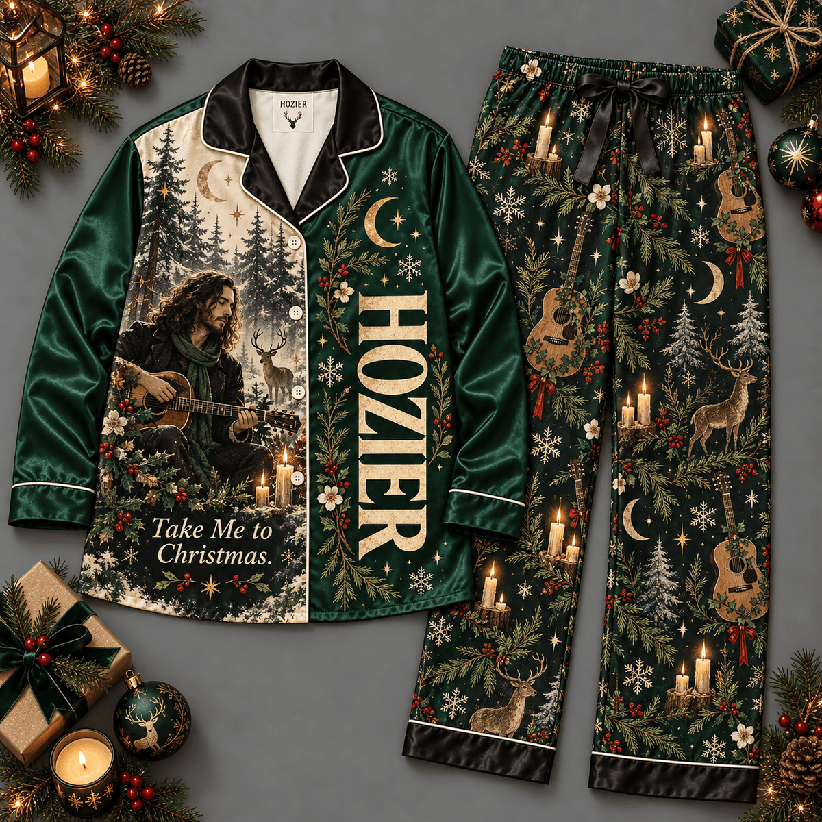 Hozier Forest Portrait Green Gold Celestial Symbols Long Sleeve Pajamas Set NDN Flat Pajamas Mockup