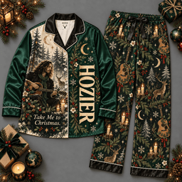 Hozier Forest Portrait Green Gold Celestial Symbols Long Sleeve Pajamas Set NDN Flat Pajamas Mockup