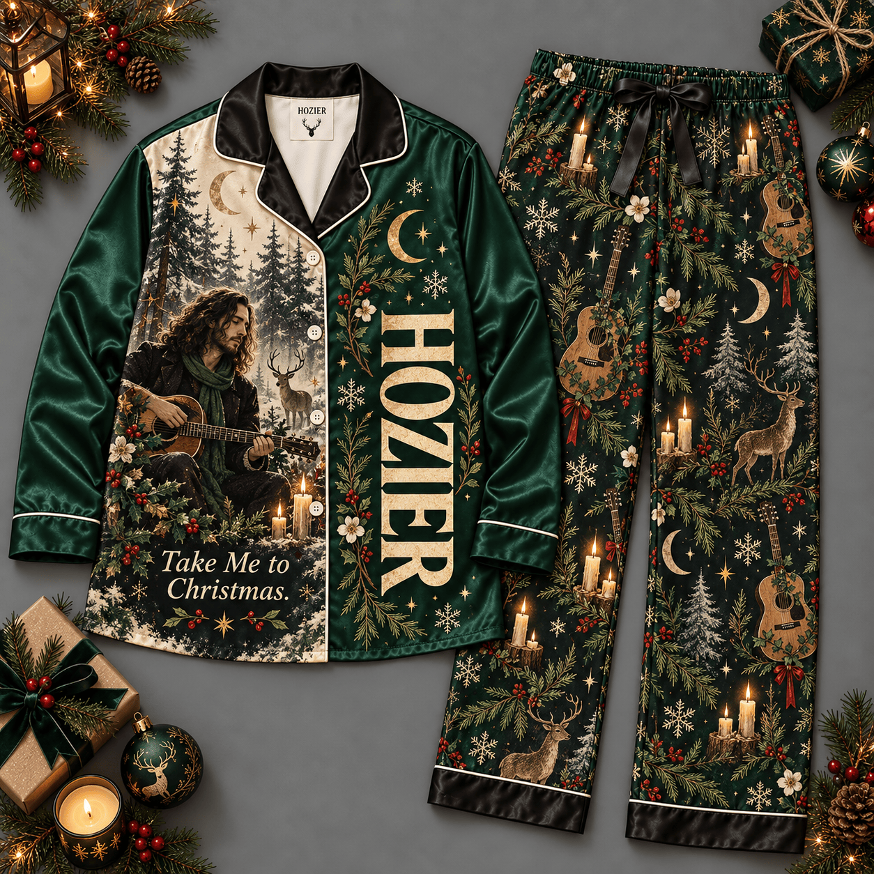 Hozier Forest Portrait Green Gold Celestial Symbols Long Sleeve Pajamas Set NDN Flat Pajamas Mockup