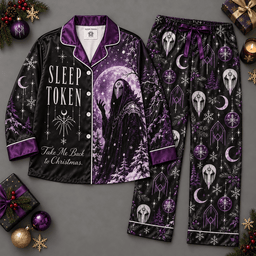 Sleep Token Purple Black Masked Figures Moons Stars Long Sleeve Pajamas Set NDN Flat Pajamas Mockup