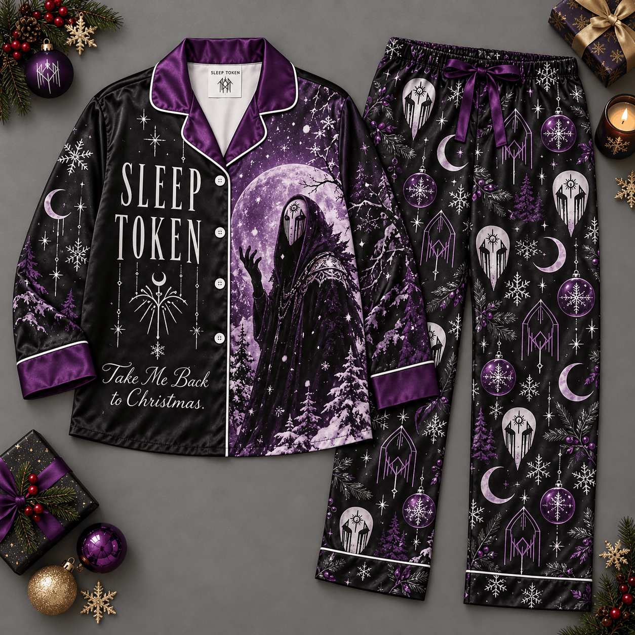 Sleep Token Purple Black Masked Figures Moons Stars Long Sleeve Pajamas Set NDN Flat Pajamas Mockup