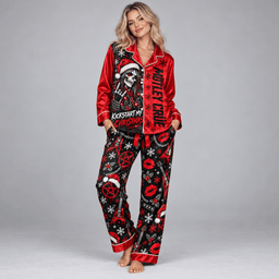 Motley Crue Holiday Music Ornaments Red Black Long Sleeve Pajamas Set NDN Worn Pajamas Mockup