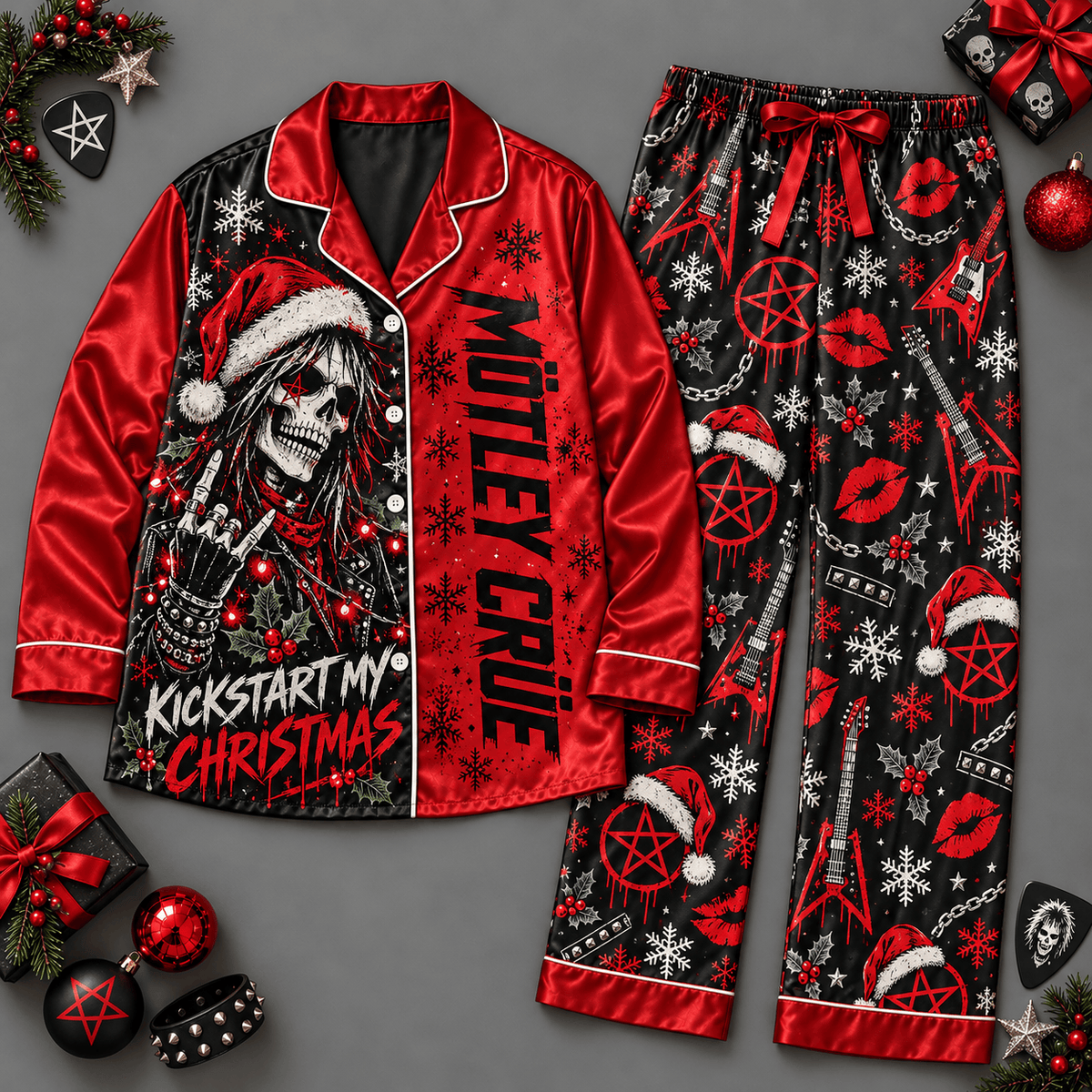 Motley Crue Holiday Music Ornaments Red Black Long Sleeve Pajamas Set NDN Flat Pajamas Mockup