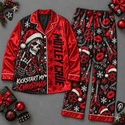 Motley Crue Holiday Music Ornaments Red Black Long Sleeve Pajamas Set NDN Flat Pajamas Mockup