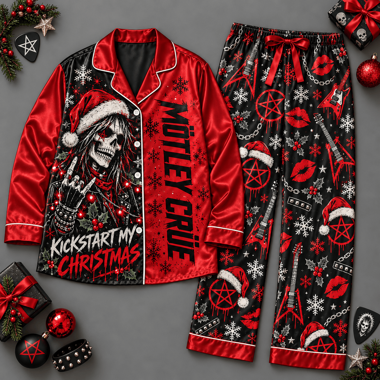 Motley Crue Holiday Music Ornaments Red Black Long Sleeve Pajamas Set NDN Flat Pajamas Mockup