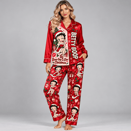 Betty Boop Christmas Candy Canes Snowflakes Red Long Sleeve Pajamas Set NDN Worn Pajamas Mockup