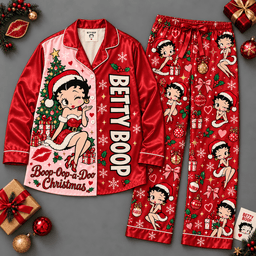 Betty Boop Christmas Candy Canes Snowflakes Red Long Sleeve Pajamas Set NDN Flat Pajamas Mockup