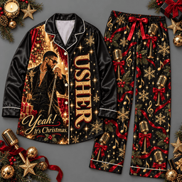 Usher Christmas Portrait Holiday Ornaments Black Red Long Sleeve Pajamas Set NDN Flat Pajamas Mockup