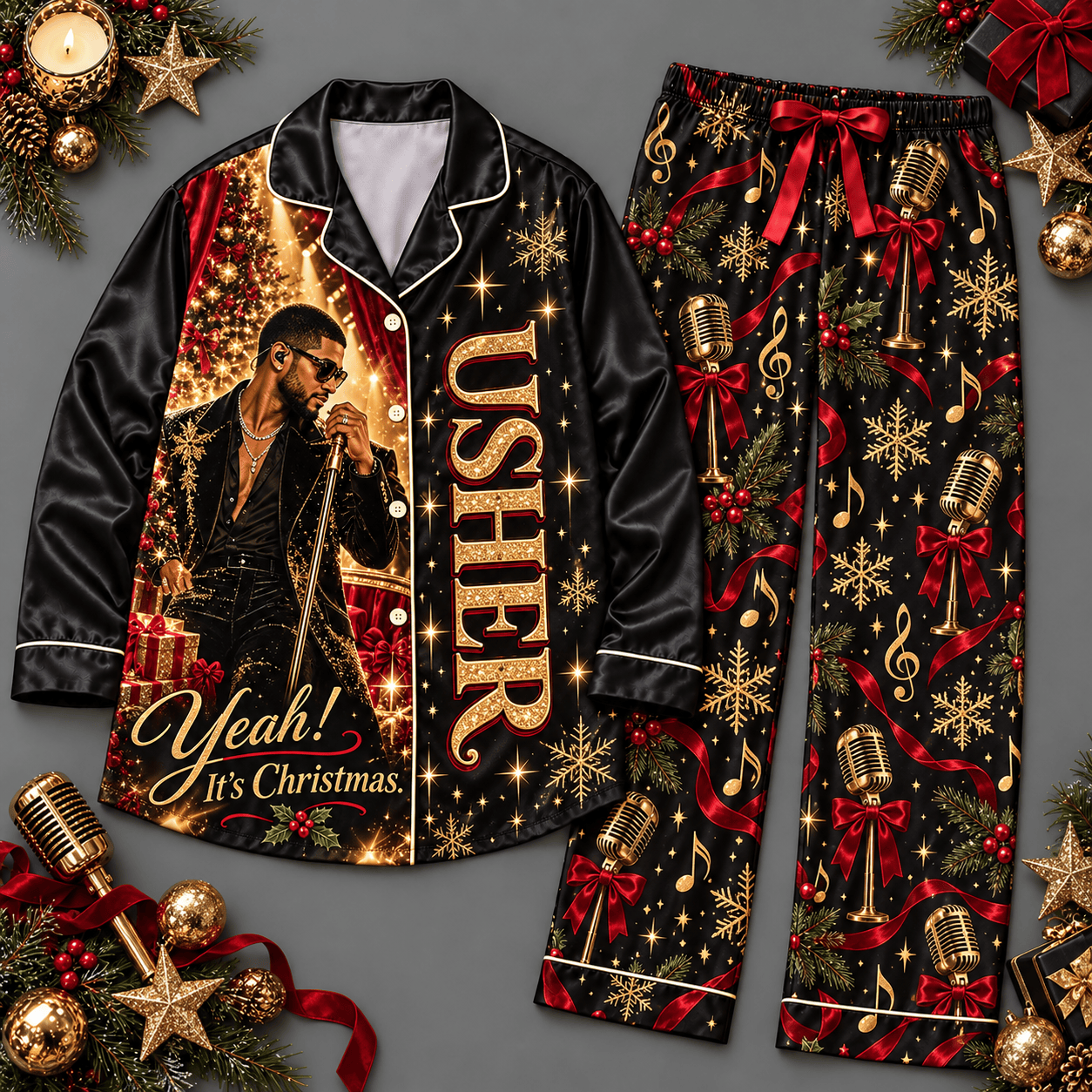 Usher Christmas Portrait Holiday Ornaments Black Red Long Sleeve Pajamas Set NDN Flat Pajamas Mockup