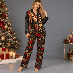 Usher Christmas Portrait Holiday Ornaments Black Red Long Sleeve Pajamas Set NDN Worn Pajamas Mockup