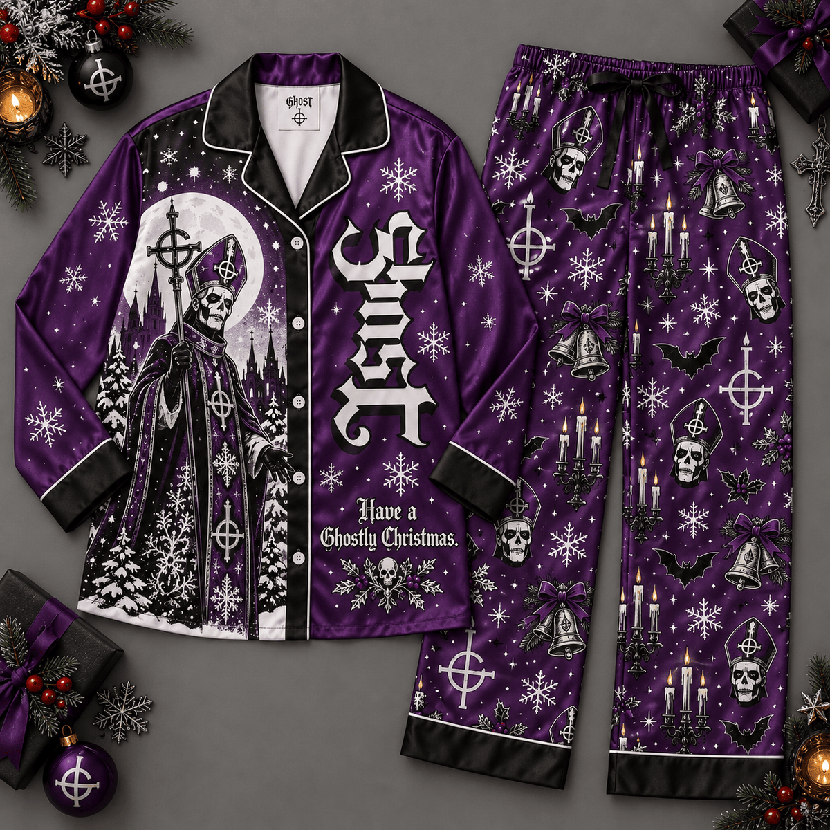 Ghost Papa Emeritus Purple Snowflakes Occult Symbols Long Sleeve Pajamas Set NDN Flat Pajamas Mockup