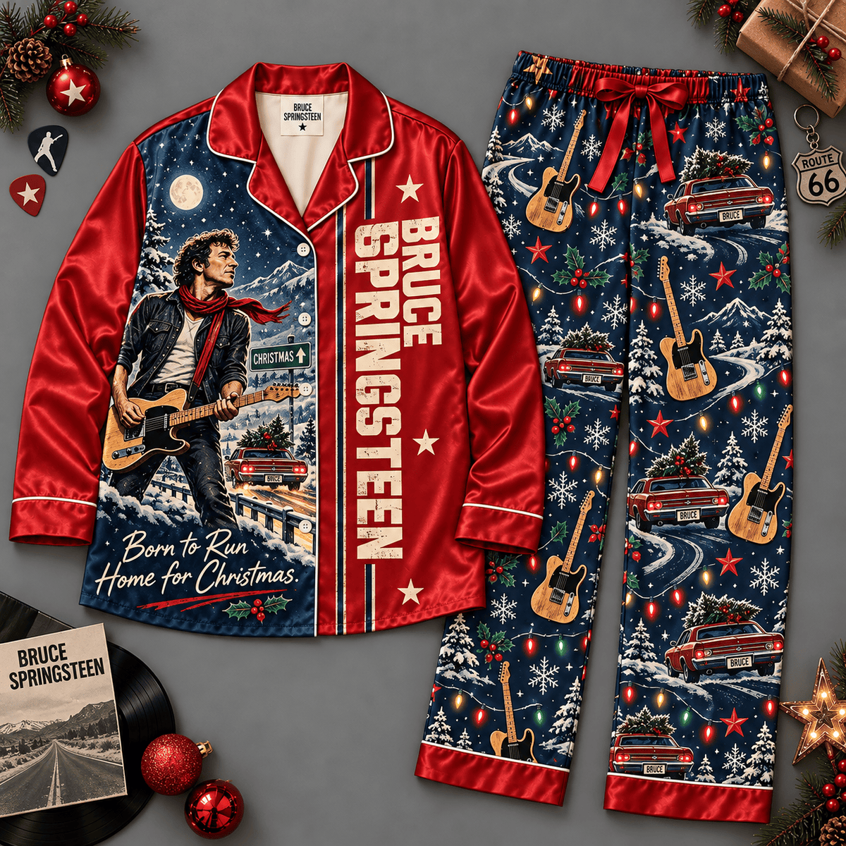Bruce Springsteen Christmas Concert Guitars Red Navy Long Sleeve Pajamas Set NDN Flat Pajamas Mockup