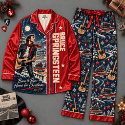 Bruce Springsteen Christmas Concert Guitars Red Navy Long Sleeve Pajamas Set NDN Flat Pajamas Mockup