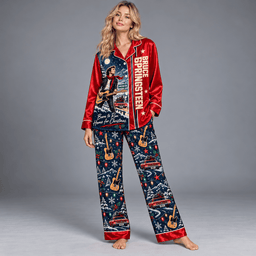 Bruce Springsteen Christmas Concert Guitars Red Navy Long Sleeve Pajamas Set NDN Worn Pajamas Mockup
