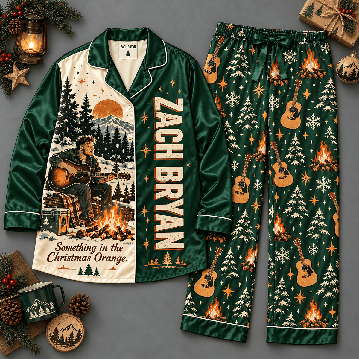 Zach Bryan Christmas Guitars Pine Trees Green Long Sleeve Pajamas Set NDN Flat Pajamas Mockup