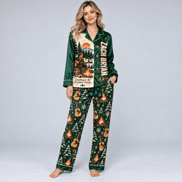 Zach Bryan Christmas Guitars Pine Trees Green Long Sleeve Pajamas Set NDN Worn Pajamas Mockup