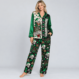 Festive Dropkick Murphys Skeleton Shamrock Holiday Green Long Sleeve Pajamas Set NDN Worn Pajamas Mockup