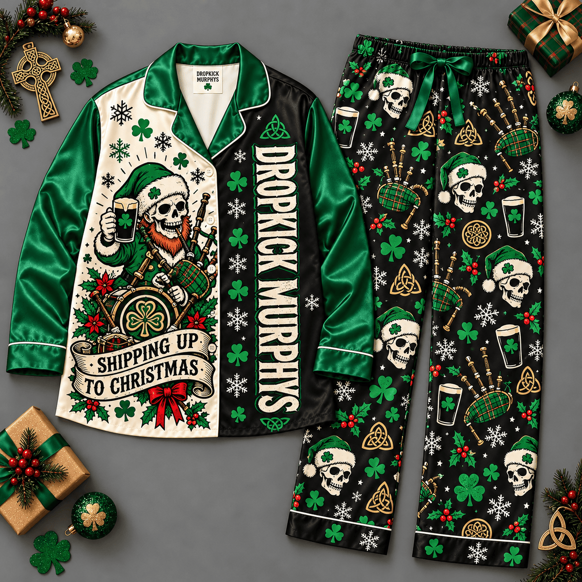 Festive Dropkick Murphys Skeleton Shamrock Holiday Green Long Sleeve Pajamas Set NDN Flat Pajamas Mockup