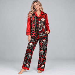 Red Megadeth Vic Rattlehead Heavy Metal Holiday Long Sleeve Pajamas Set NDN Worn Pajamas Mockup