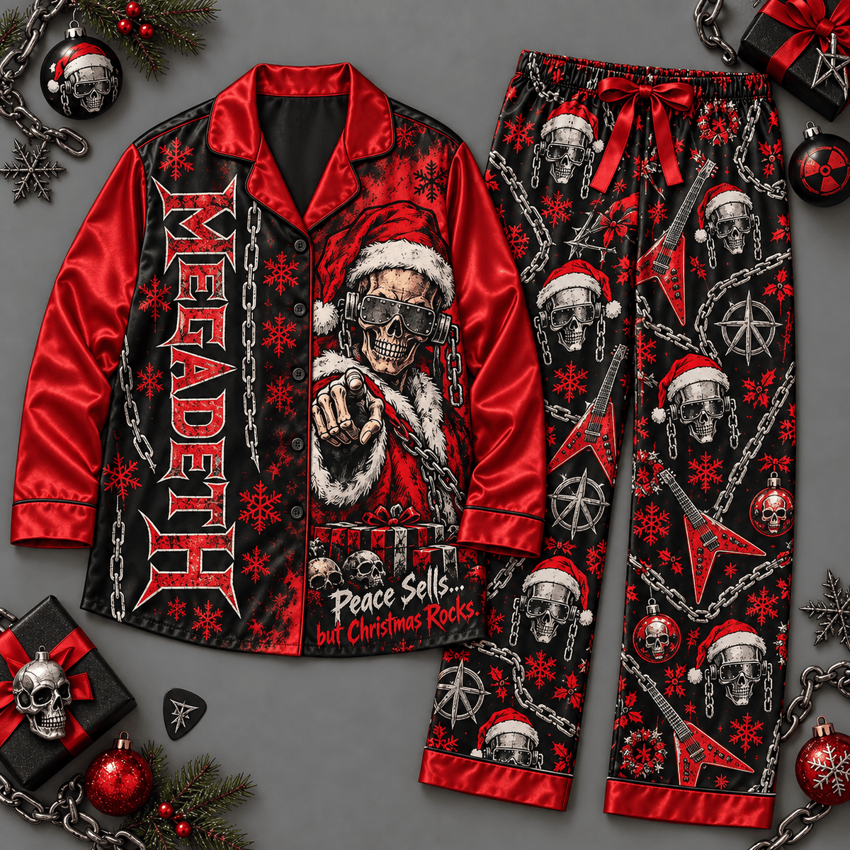 Red Megadeth Vic Rattlehead Heavy Metal Holiday Long Sleeve Pajamas Set NDN Flat Pajamas Mockup