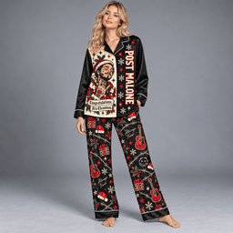 Post Malone Santa Claus Festive Portrait Black Long Sleeve Pajamas Set NDN Worn Pajamas Mockup