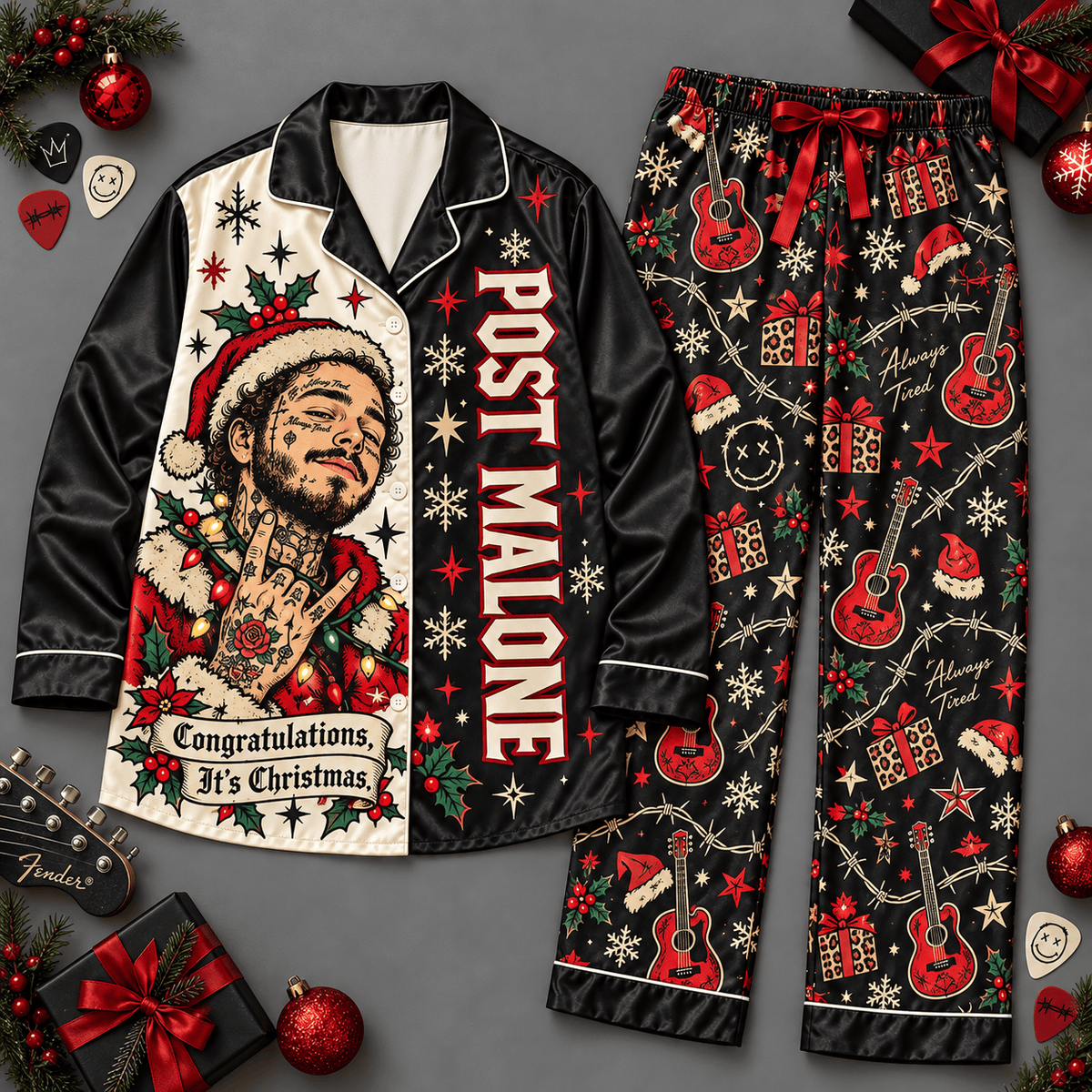 Post Malone Santa Claus Festive Portrait Black Long Sleeve Pajamas Set NDN Flat Pajamas Mockup
