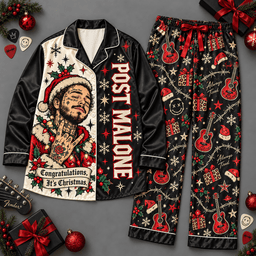 Post Malone Santa Claus Festive Portrait Black Long Sleeve Pajamas Set NDN Flat Pajamas Mockup
