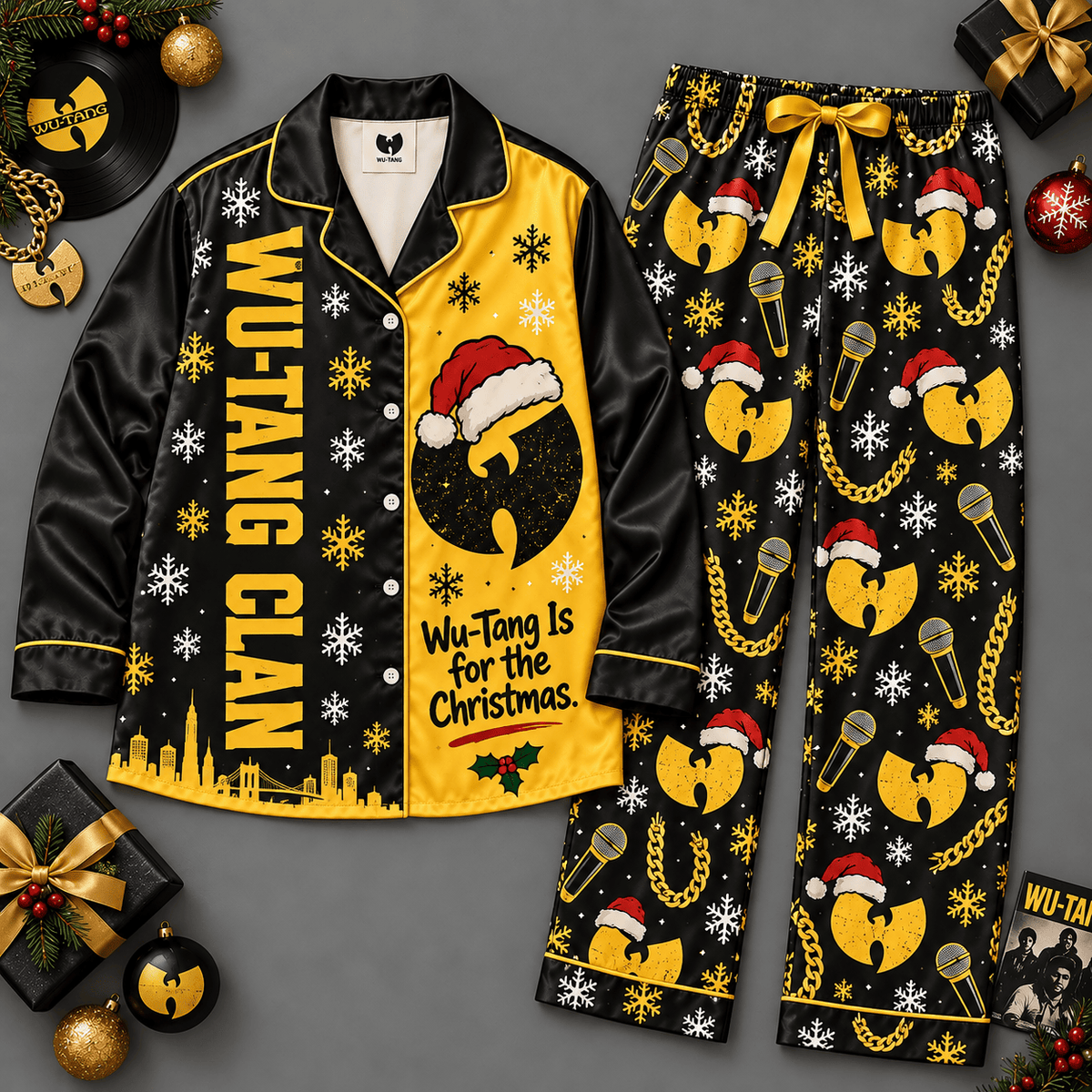 Wu Tang Clan Santa Hat Yellow Logo Holiday Long Sleeve Pajamas Set NDN Flat Pajamas Mockup
