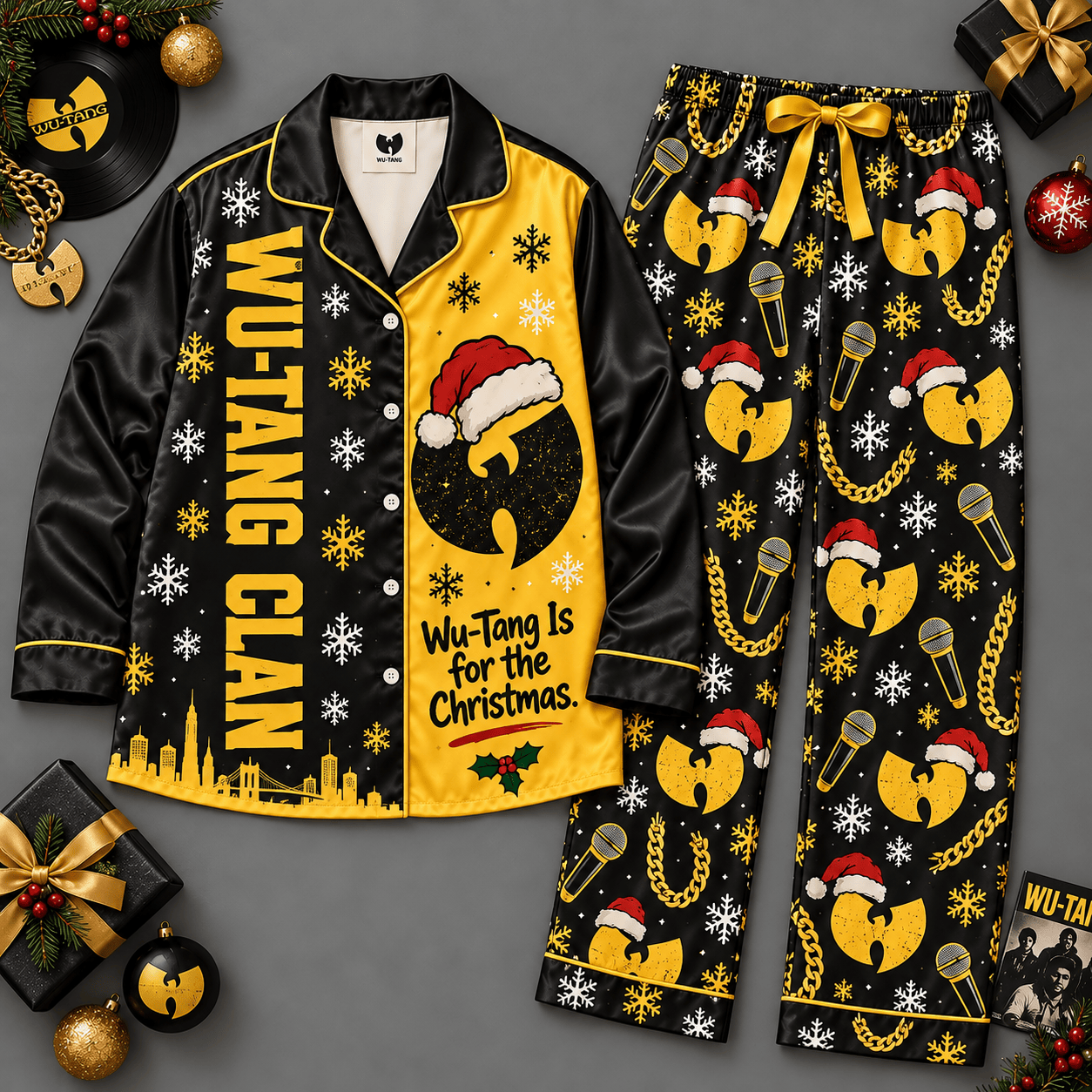 Wu Tang Clan Santa Hat Yellow Logo Holiday Long Sleeve Pajamas Set NDN Flat Pajamas Mockup