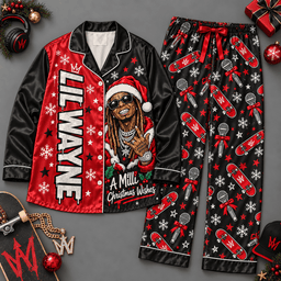 Lil Wayne Santa Hat Red Black Holiday Long Sleeve Pajamas Set NDN Flat Pajamas Mockup