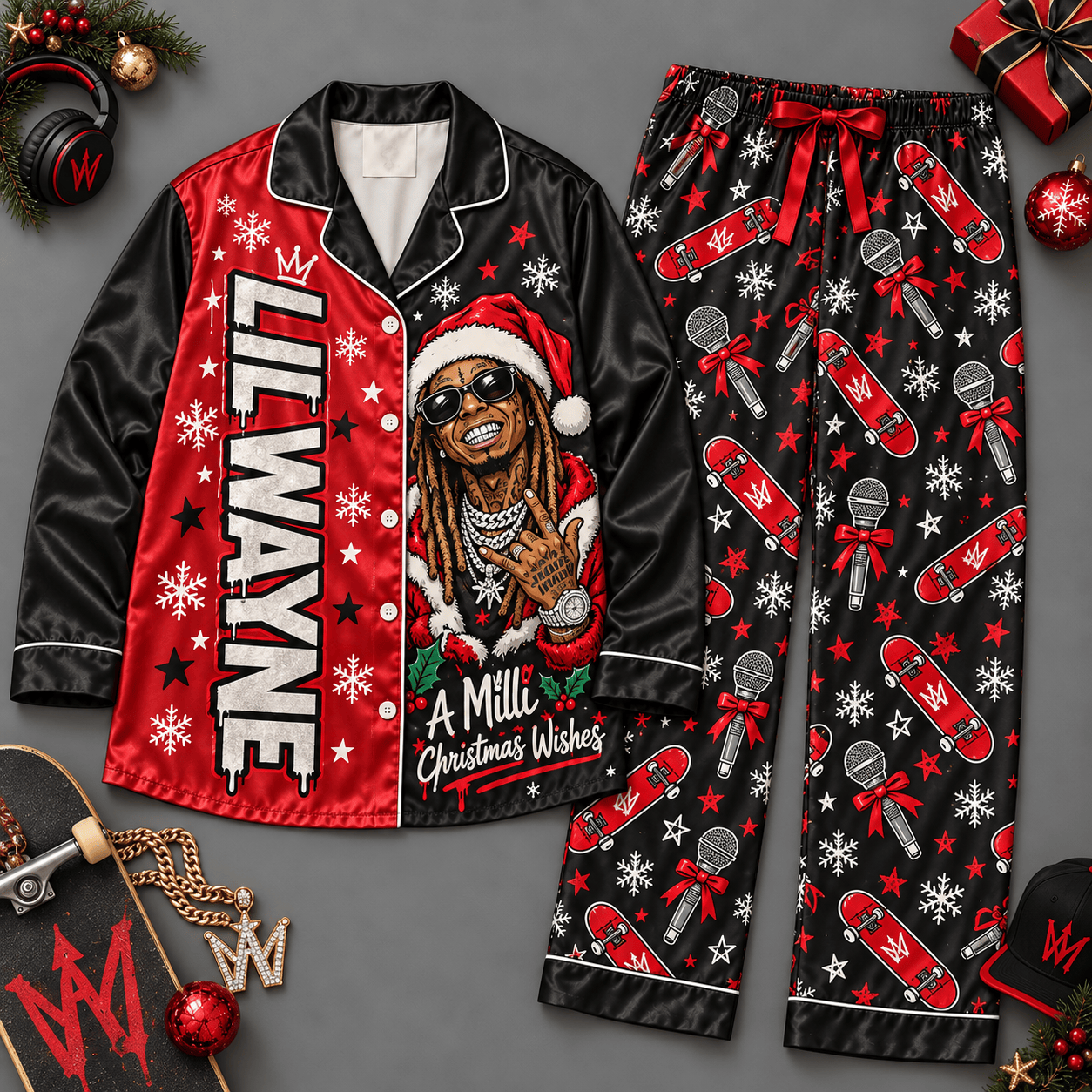 Lil Wayne Santa Hat Red Black Holiday Long Sleeve Pajamas Set NDN Flat Pajamas Mockup