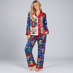 Grateful Dead Dancing Bears Colorful Christmas Blue Long Sleeve Pajamas Set NDN Worn Pajamas Mockup