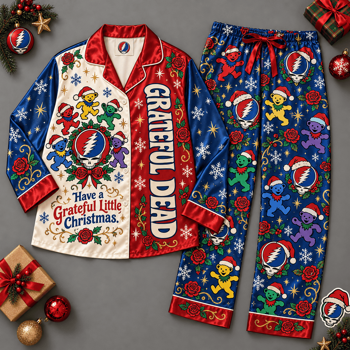 Grateful Dead Dancing Bears Colorful Christmas Blue Long Sleeve Pajamas Set NDN Flat Pajamas Mockup