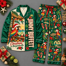 Jimmy Buffett Tropical Christmas Long Sleeve Pajamas Set with Parrots and Holiday Trees NDN Flat Pajamas Mockup