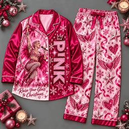 PINK Rose Heart Long Sleeve Pajamas Set with Magenta Satin Trim NDN Flat Pajamas Mockup