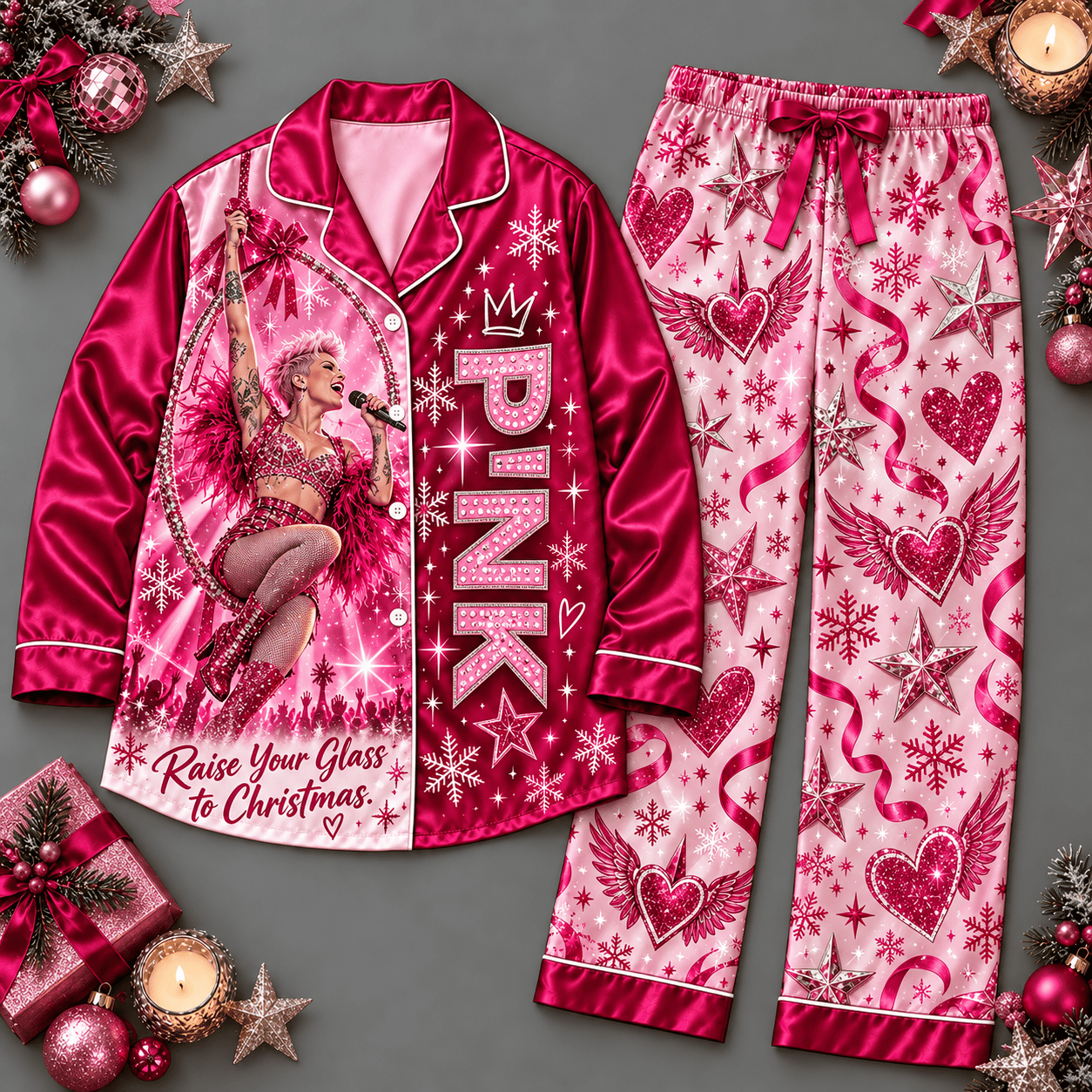 PINK Rose Heart Long Sleeve Pajamas Set with Magenta Satin Trim NDN Flat Pajamas Mockup