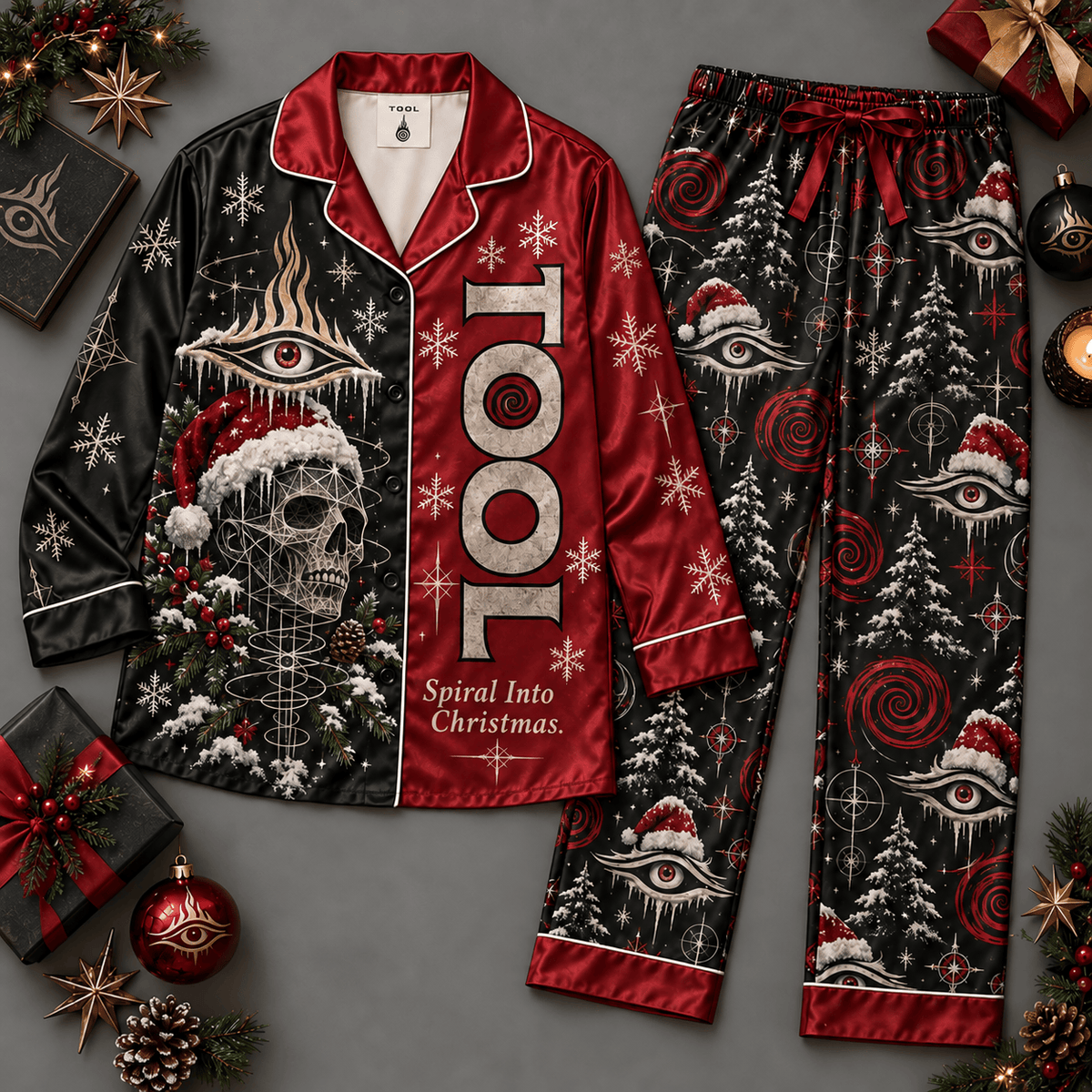 TOOL Rock Band Long Sleeve Pajamas Set with Red Black Christmas Motifs NDN Flat Pajamas Mockup