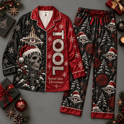 TOOL Rock Band Long Sleeve Pajamas Set with Red Black Christmas Motifs NDN Flat Pajamas Mockup