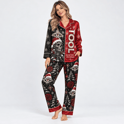 TOOL Rock Band Long Sleeve Pajamas Set with Red Black Christmas Motifs NDN Worn Pajamas Mockup